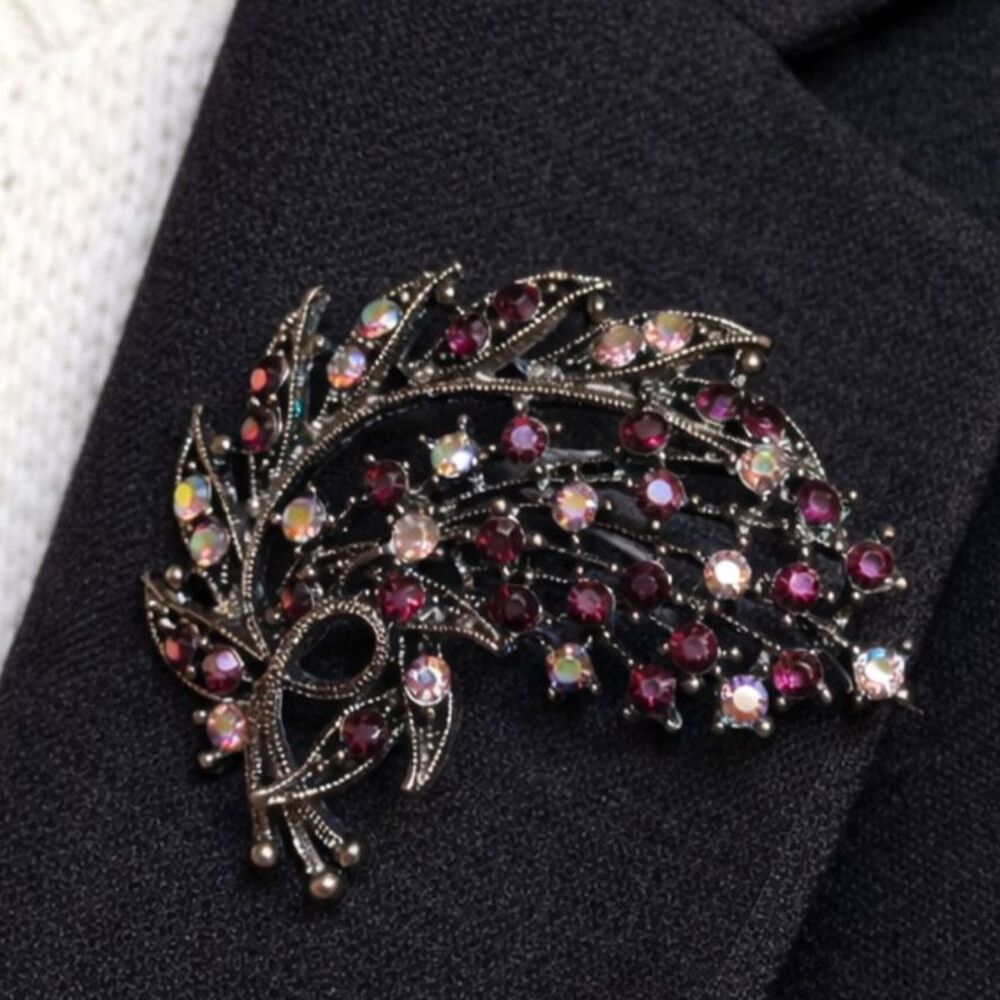 Vintage Aurora Borealis Rhinestone Floral Spray Brooch Gunmetal Statement Pin 2"